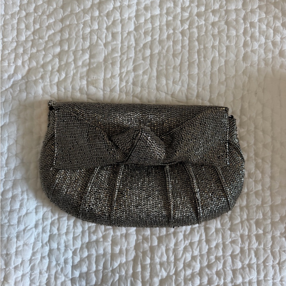 Anthropology Silver Beaded Bow Clutch and Crossbody Bag